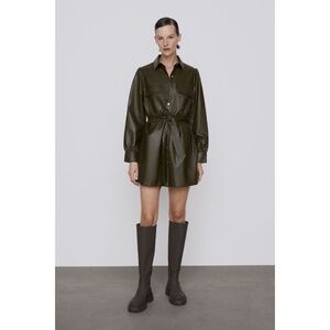 NWT!! ZARA Lucia Mini Shirt Dress Faux Leather Belted Green Shirtdress X-Large